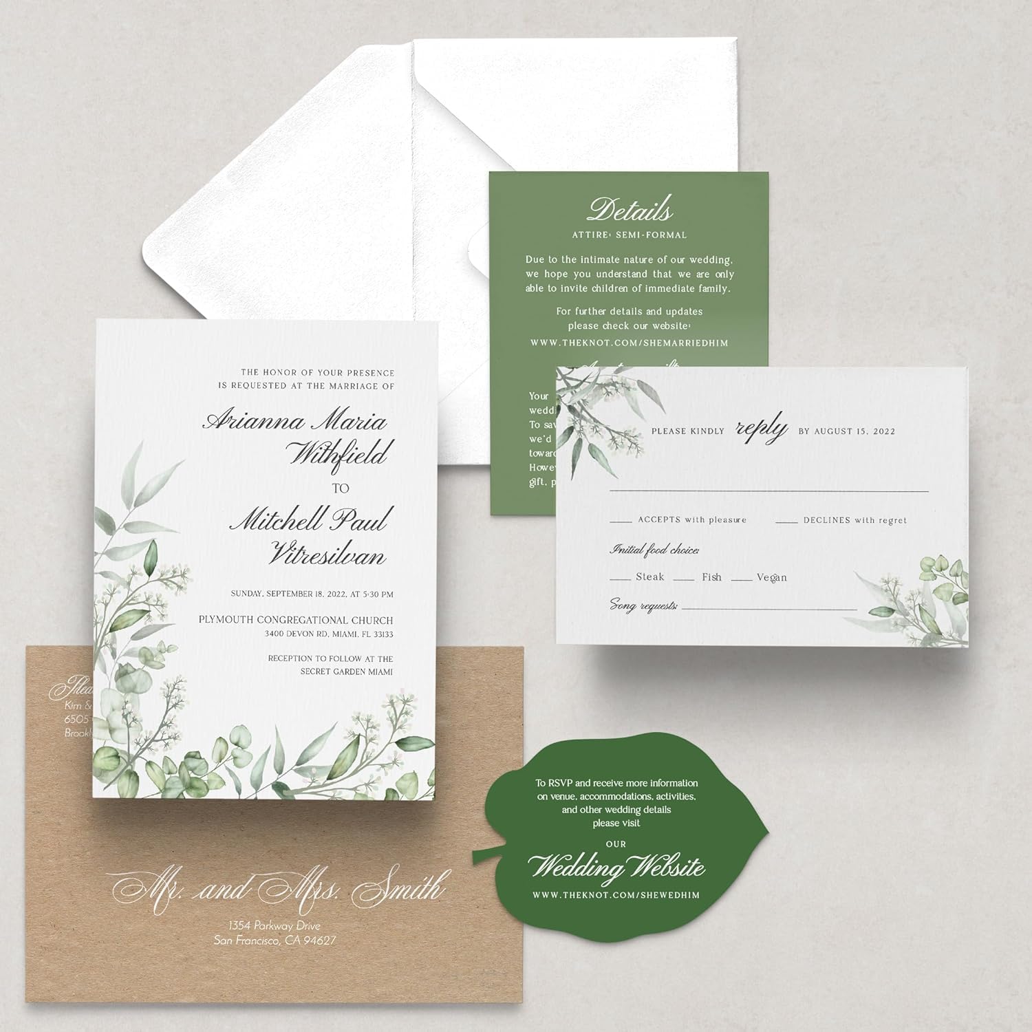Elegant Wedding Greenery Invitation Suite, Wedding RSVP & Detail Card Invite Set, Custom Enclosure Invitation Set, Full Wedding Invite Set (Invite + RSVP)