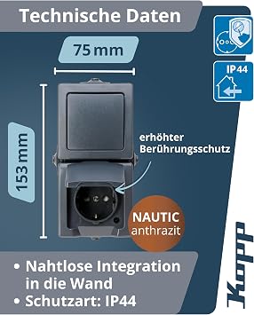 Kopp 138515009 Nautic 2-Way Combination Consisting of Socket with Hinged Lid and Increased Touch Protection and Universal Switch IP44 Vertical Mounting Anthracite
