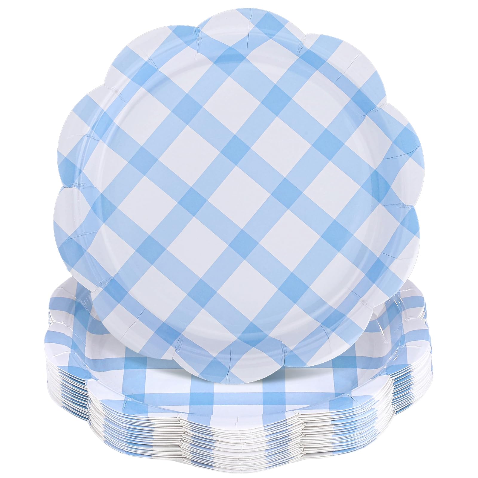 Assiettes en papier bleu clair à carreaux de 22,4 cm avec bord dentelé de fête
