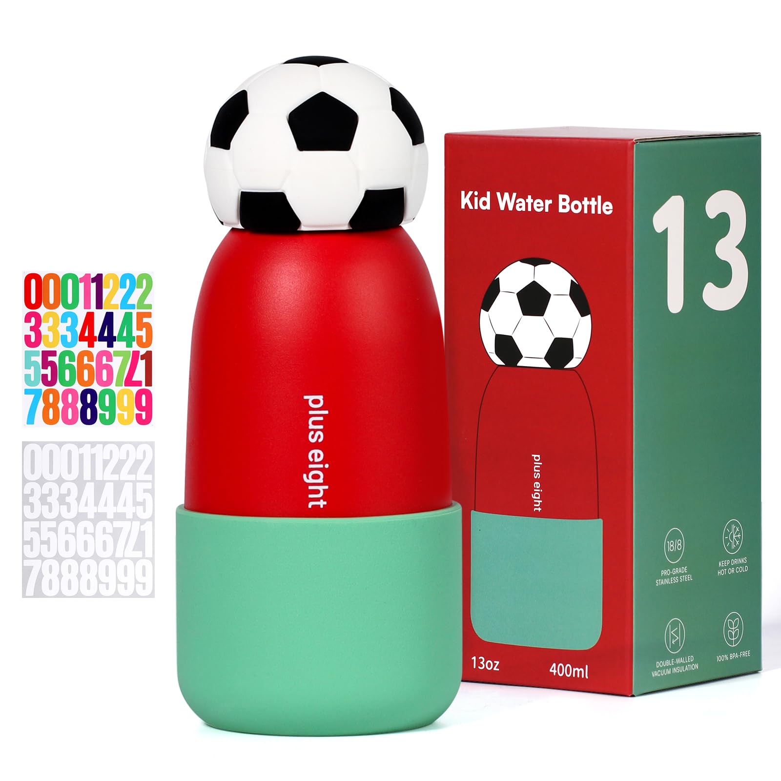 pluseight Football Water Bottle with Straw, 400ml/13oz Stainless Steel Water Bottle with Non-Slip Silicone Base for Sports, Gym or Office (Red Green)