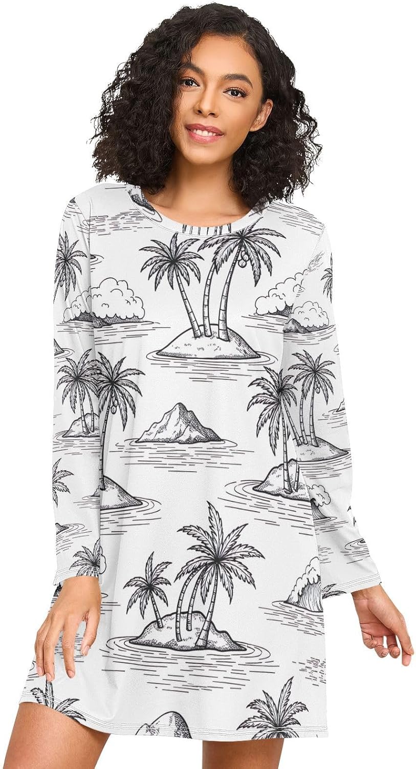 Palm Trees White Sleep Shirts for Women, Long Sleeve Womens Nightgown, Comfy Pajama Dress for Fall