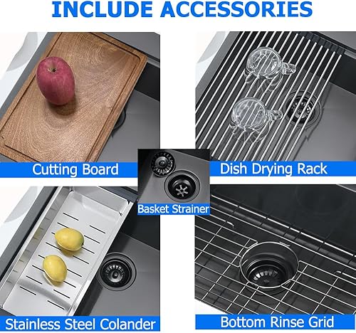 Miniatura 6 de Fregadero de cocina negro, 33 x 19 pulgadas, fregadero de cocina de acero inoxidable negro, cuenco individual profundo de calibre 16 para estación