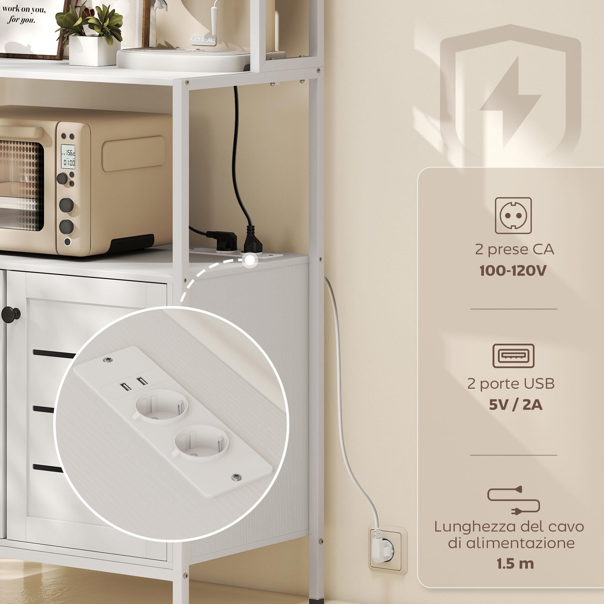 HOMCOM Scaffale Cucina con Ripiani, 2 Prese di Ricarica USB e AC, Scaffale per Microonde con Armadietti con Porte a Persiana, Mobile Cucina Salvaspazio in Legno e Acciaio, 80x42x171 cm, Bianco