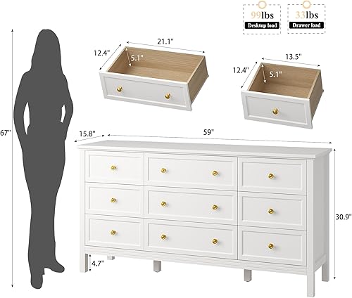 Miniatura 19 de LYNSOM Cómoda negra para dormitorio con 7 cajones, cómoda moderna y ancha de almacenamiento con asas doradas, cómoda de soporte de TV, cómoda de