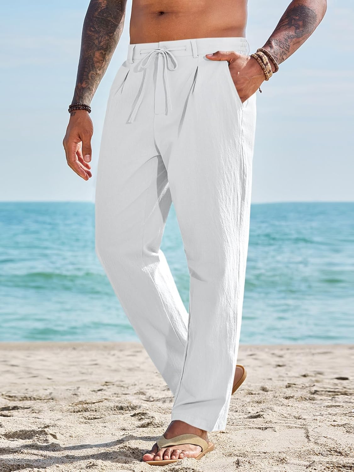 Runcati Mens Casual Pants Elastic Waist Drawstring Lightweight Pants Cotton Linen Summer Beach Yoga Trousers - Image 4