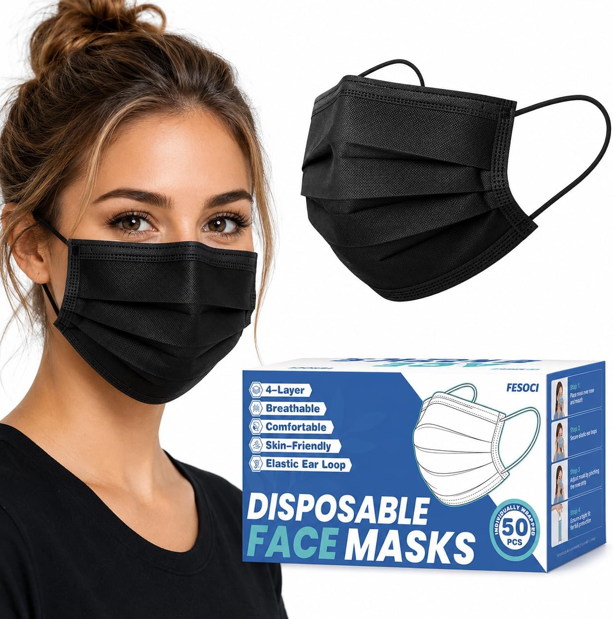 Black Disposable Face Mask for Adults - 4 Ply Protection Masks Disposable, 50 Pack Individually Wrapped, Breathable & Comfortable Black Facemask for Women & Men, Outdoor Dust Mask for Airplane Travel