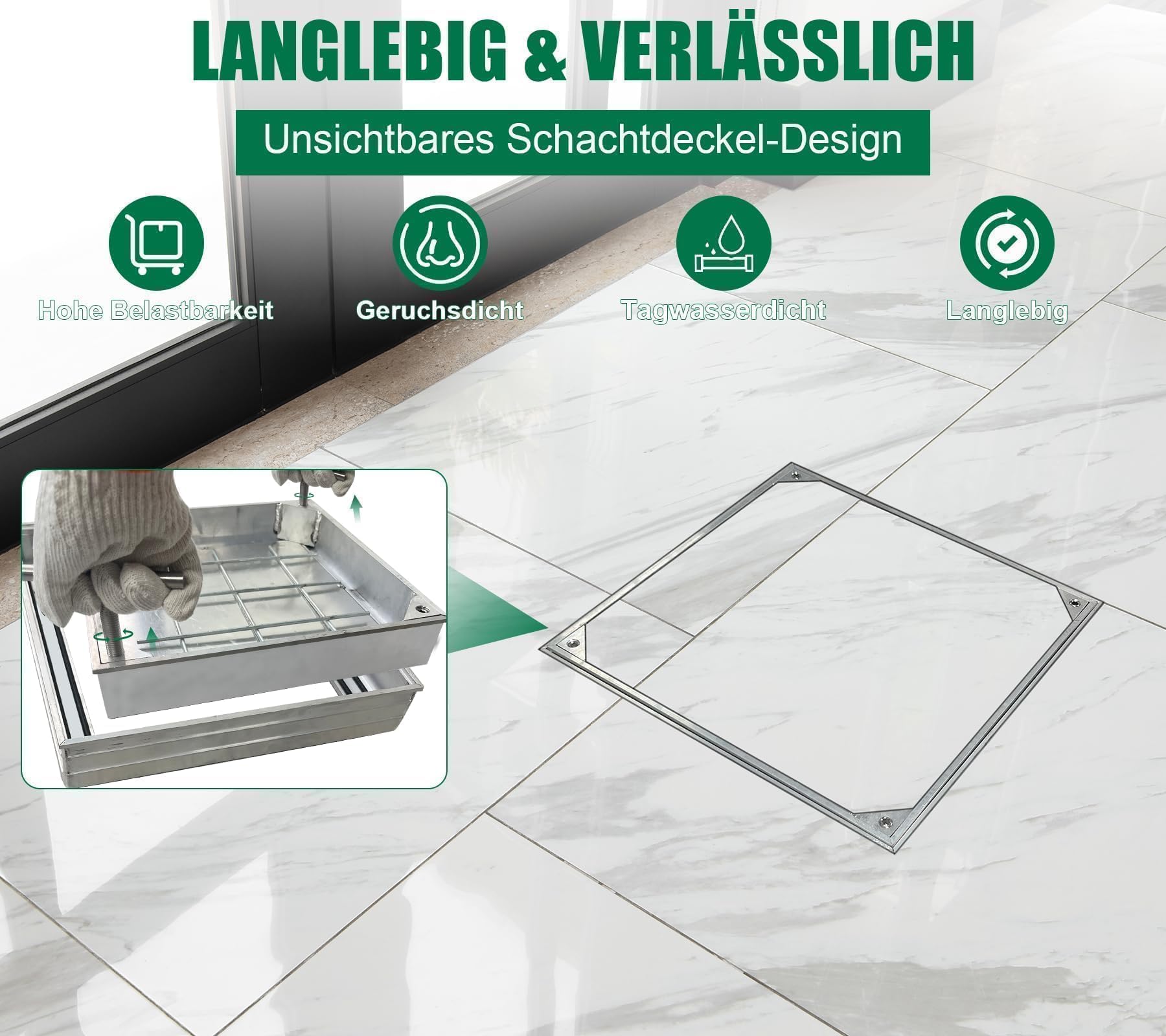 Copertura per pozzetti in alluminio, 400 x 400 x 55 mm, in alluminio, con cornice EN124 A15, coperchio quadrato per canali, coperchio invisibile per scene interne ed esterne