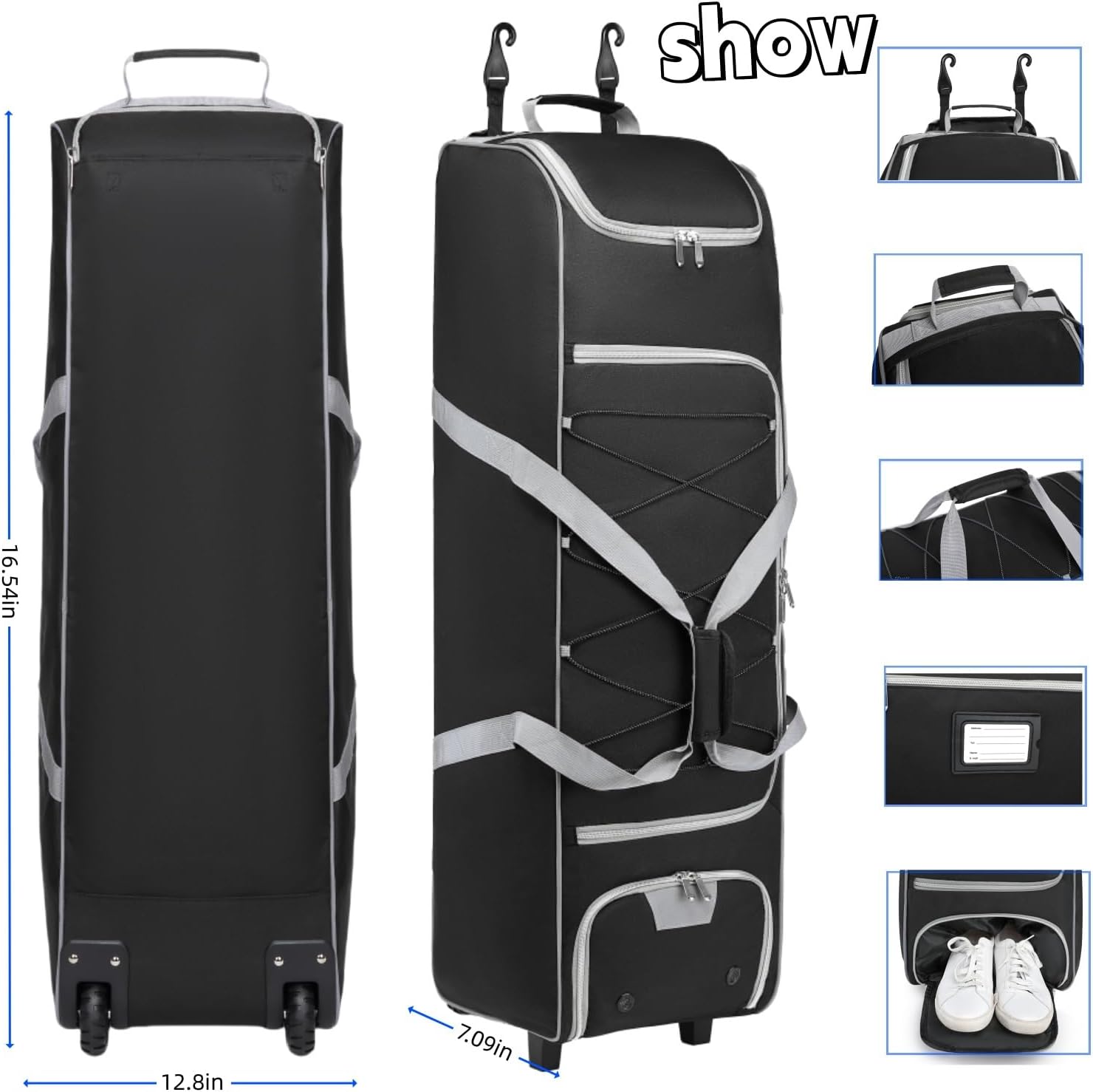 Baseball Catcher Gear Bag with Wheels - 39 Inch Rolling Equipment Bag Holds 4 Bats, Helmet, Gloves - Wheeled Softball Catchers Bag with Fence Hooks and Shoe Compartment - Image 5