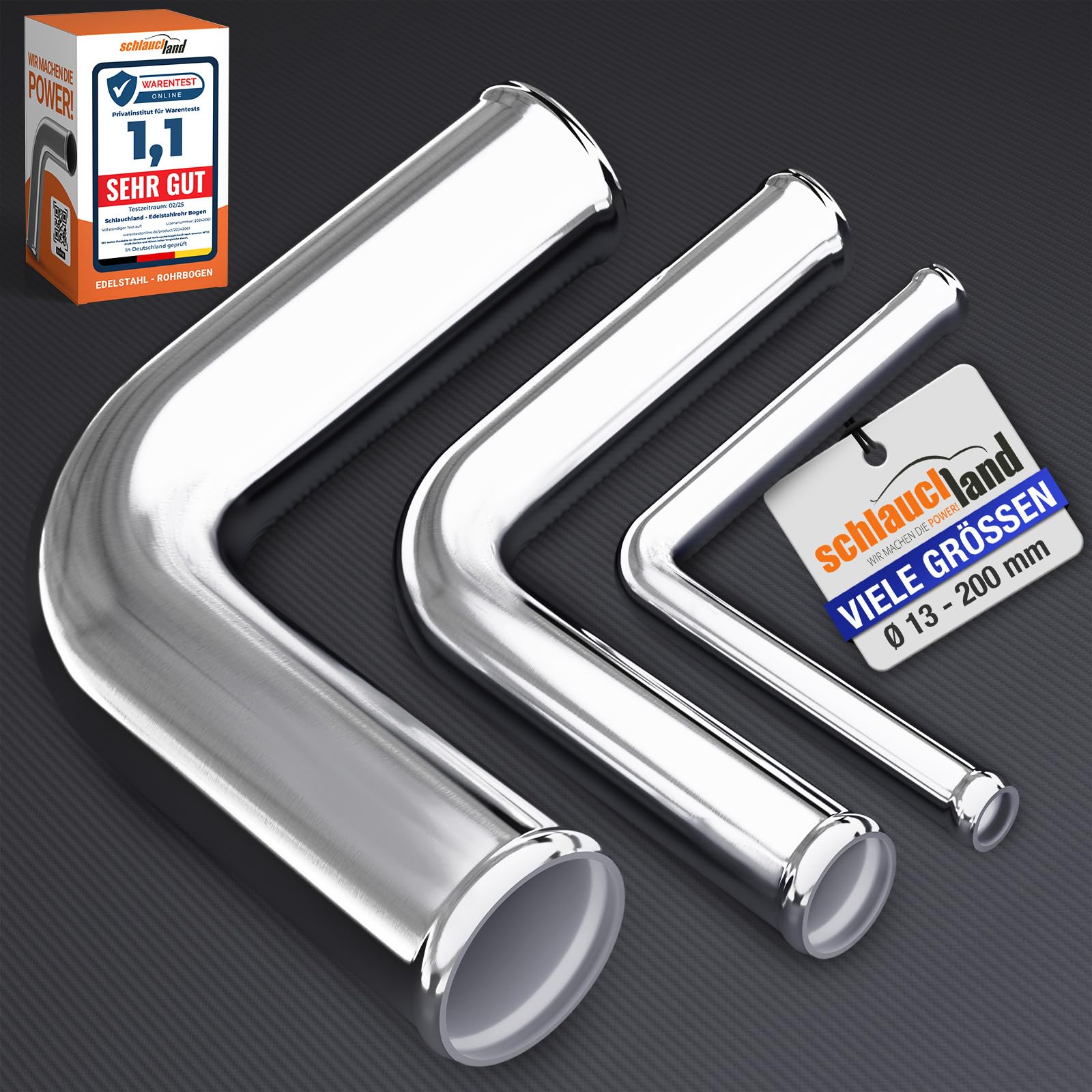 3 Stück EDELSTAHL-BOGEN 90°Grad AD-Ø 60mm V2A Edelstahlrohr 1.4301 poliert & gebördelt Rohrbogen | AUSWAHL 1-10 Stück & 13-200 mm Außen-Durchmesser | Rohr Winkel Motor KFZ LLK Bogen Turbo | PREMIUM