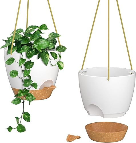 ZMTECH Macetas colgantes de 8 pulgadas para plantas de interior y exterior, paquete de 2 macetas colgantes de riego automático con agujeros de