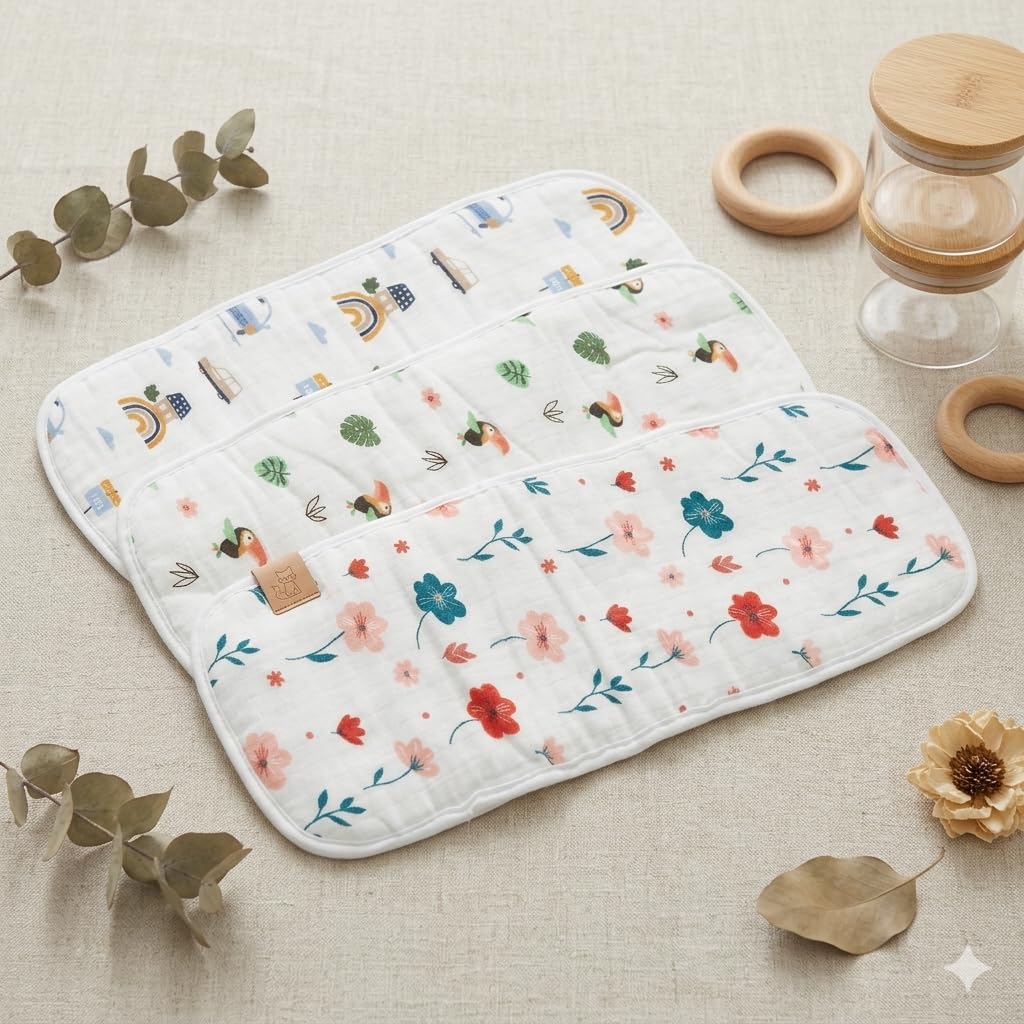 VOIDROP Baby Soft Muslin Burp Cloth, Lightweight and Absorbent Burp Cloth for Boys and Girls-Set of 3 (Size: 50 x 18 cm), 0-12 Months | Full Shoulder Coverage, Essential Newborn Gift Set- Multiprint-image-45
