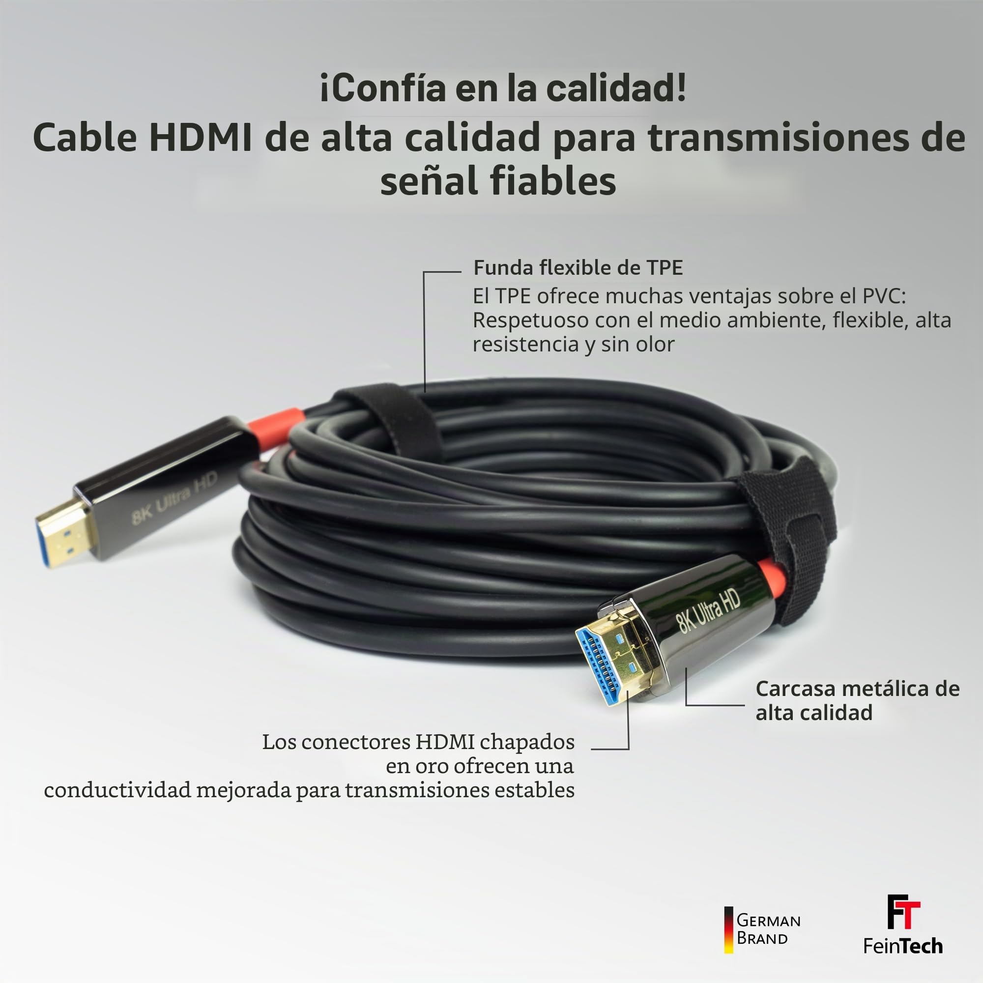 FeinTech 8K HDMI - Cable de fibra óptica (10 m, 4 K, 120 Hz, 1440 p, 144 Hz, para juegos HDMI 2.1, PS5, Xbox PC, TV, 48 Gbps, compatible con CEC, VRR, HDR, Dolby Atmos, 3D, VMI90100)