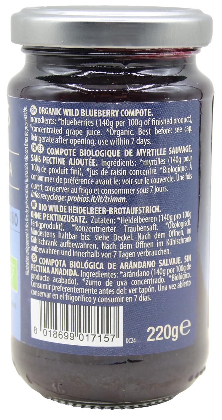 Probios Composta di Mirtilli Bio - Senza Glutine e Composta di Frutta Senza Zucchero - Dolcezza e Sapore Naturale senza Pectina Aggiunta - Confezione da 6 x 220 g