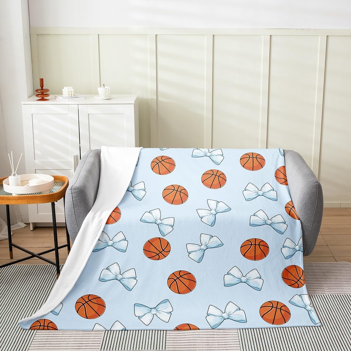 jejeloiu Basketball Flannel Blanket Plush Fuzzy Blue Bow Fleece Throw Blanket for Kids Boys Girls Teens Gaming Sports Cute Bowknot Room Decor Twin 60"x80" Gift for Basketball Lover Soft