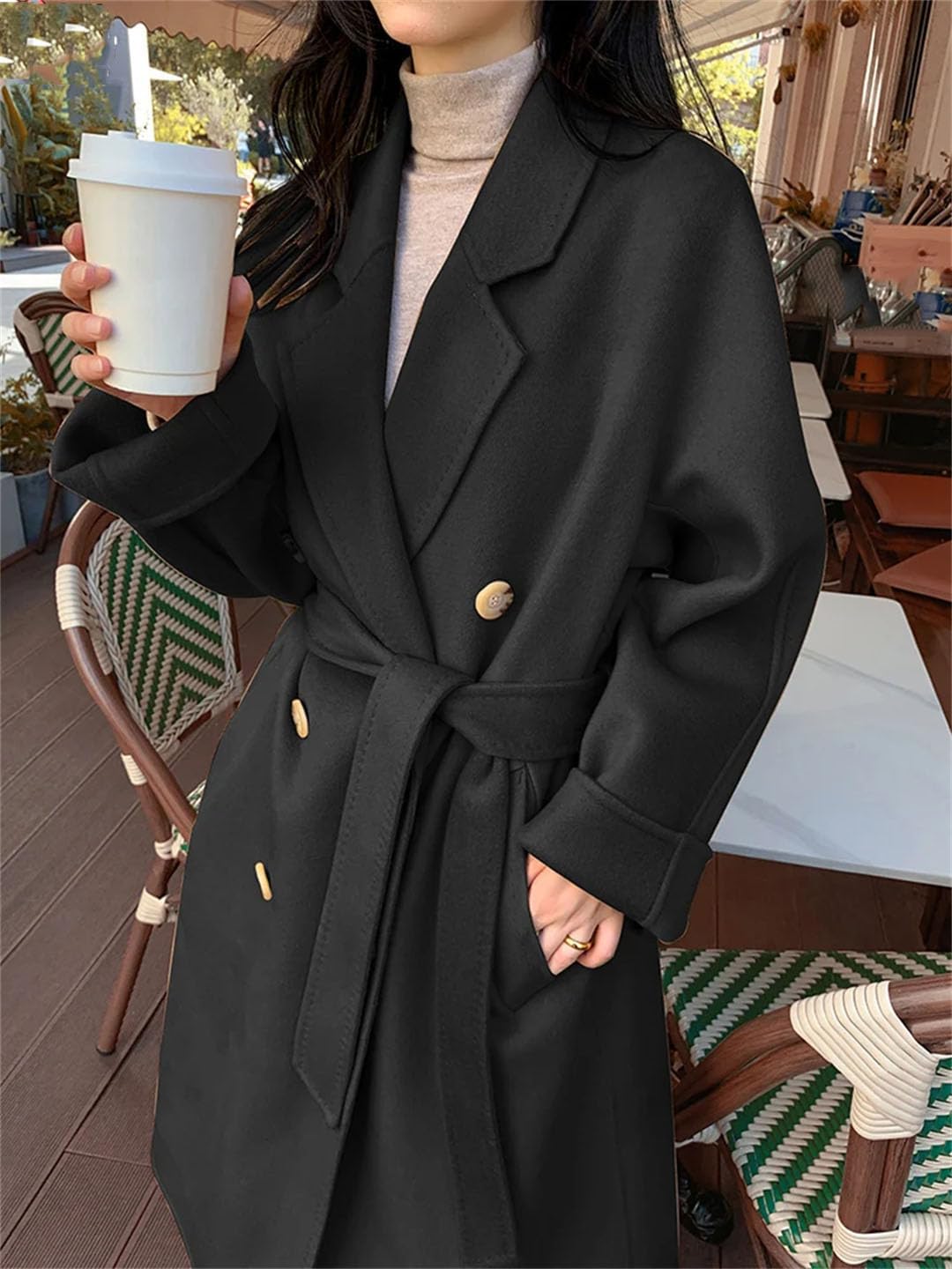 Abrigo clásico de lana reversible de cachemira para mujer, abrigo largo de lana para invierno, rompevientos casual con cinturón