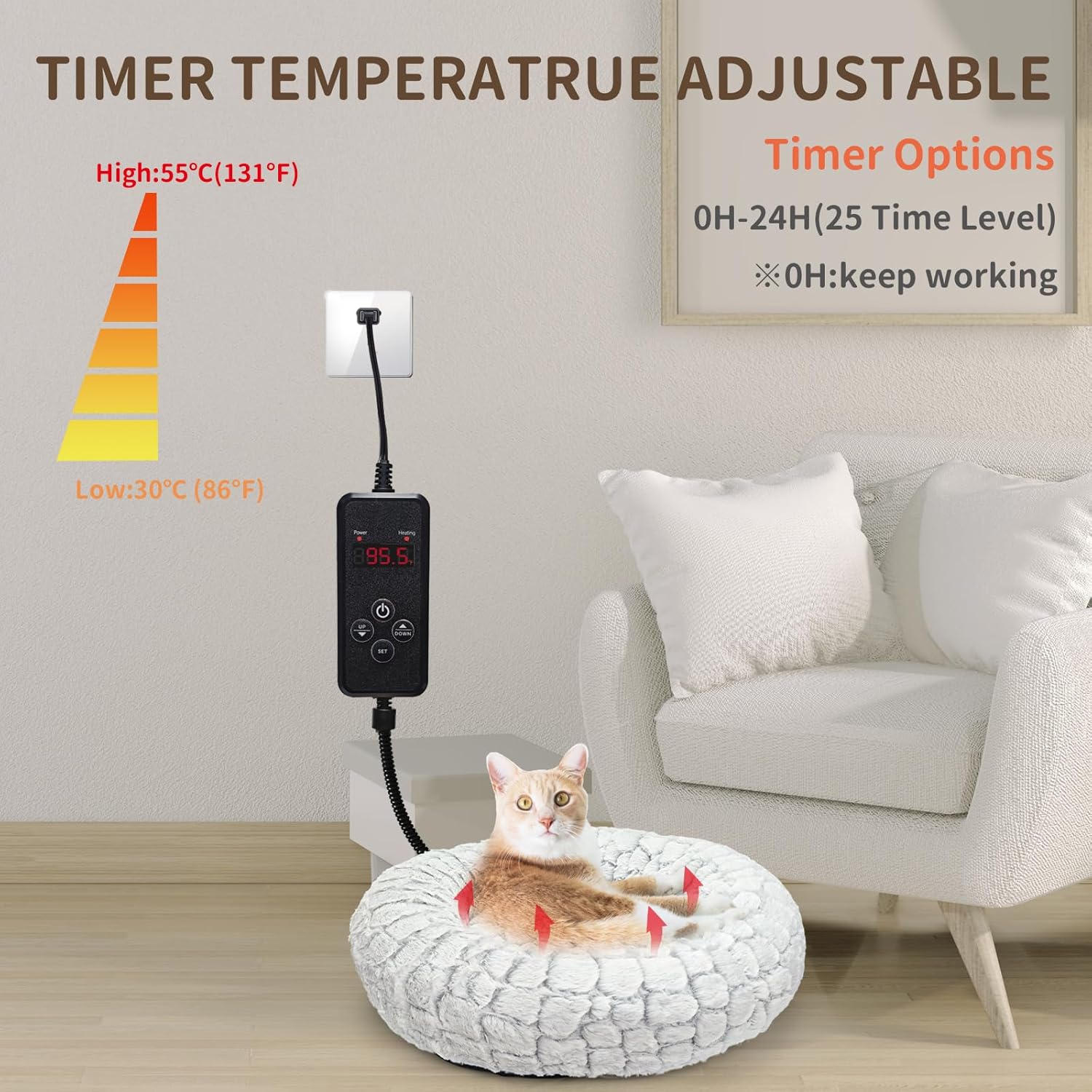 Heated Cat Bed with Timer & Temp Adjustable, Round Heating Pet Bed for Cats Indoor 19" Soft & Cozy Donut Electric Pet Warming Pad Heater for Cat