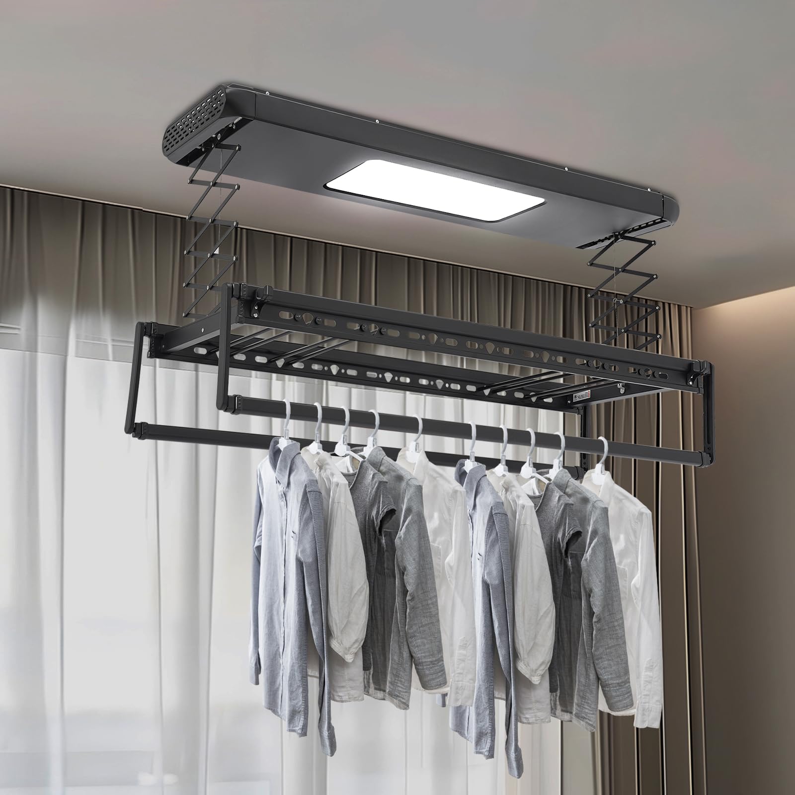 Elektrischer Wäscheständer für Decke, Hebender Wäschetrockner mit Fernbedienung und LED Beleuchtung, Tragfähigkeit 35kg, 130-215cm Einstellbare Ausziehbares Deckenwäscheständer