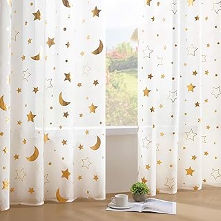 WUBODTI White Star Sheer Curtains for Kids Room Nursery 63 Inch Length，Gold Star Patterned Faux Linen Semi Sheer Kids Curtains Rod Pocket Light Filtering Gauze Short Curtain Drapes 2 Panels - Buy now