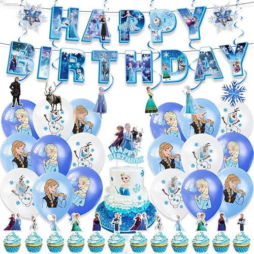 38 PCS Frozen Birthday Decorations, Party Favor Decoration Supplies, Including Happy Birthday Banner, Cake Topper, Cupcake Topper, Balloons, Hanging Swirls- Room Decoration