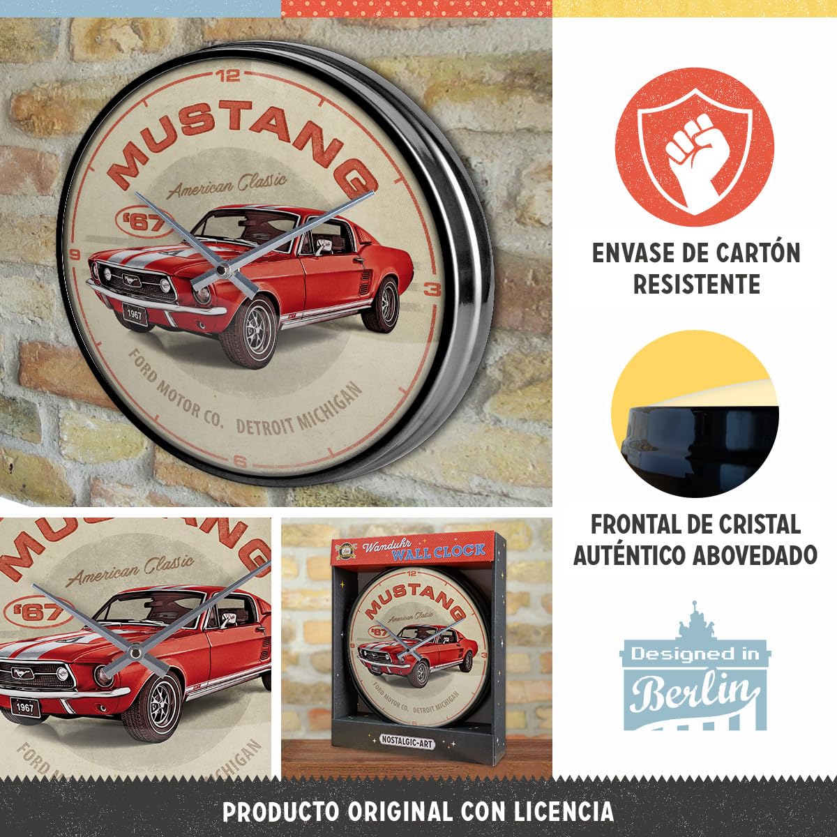 Nostalgic-Art Reloj de Pared Retro, Ø 31 cm, Ford Mustang – GT 1967 Red