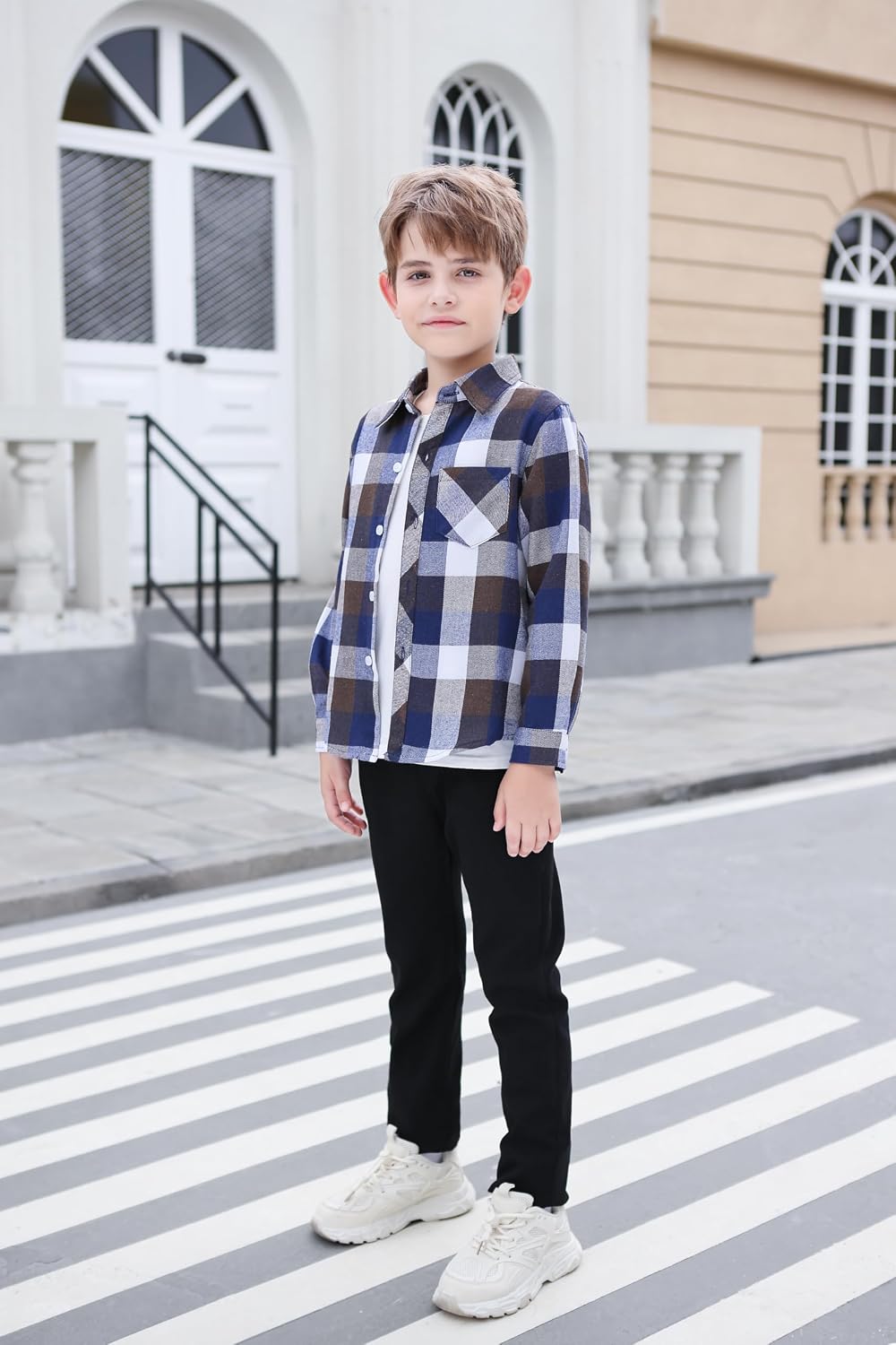 Betusline Boy and Men Button Down Plaid Shirt