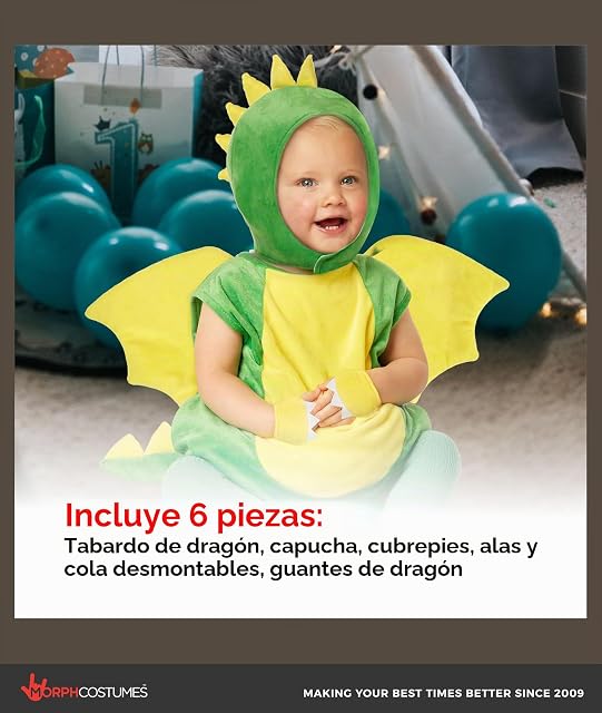 Foto 2 de 5 de Morph Disfraz Dragón Niño y Bebé, Disfraces para Carnaval y Halloween, Traje Dragón Niña, 6-12 Meses