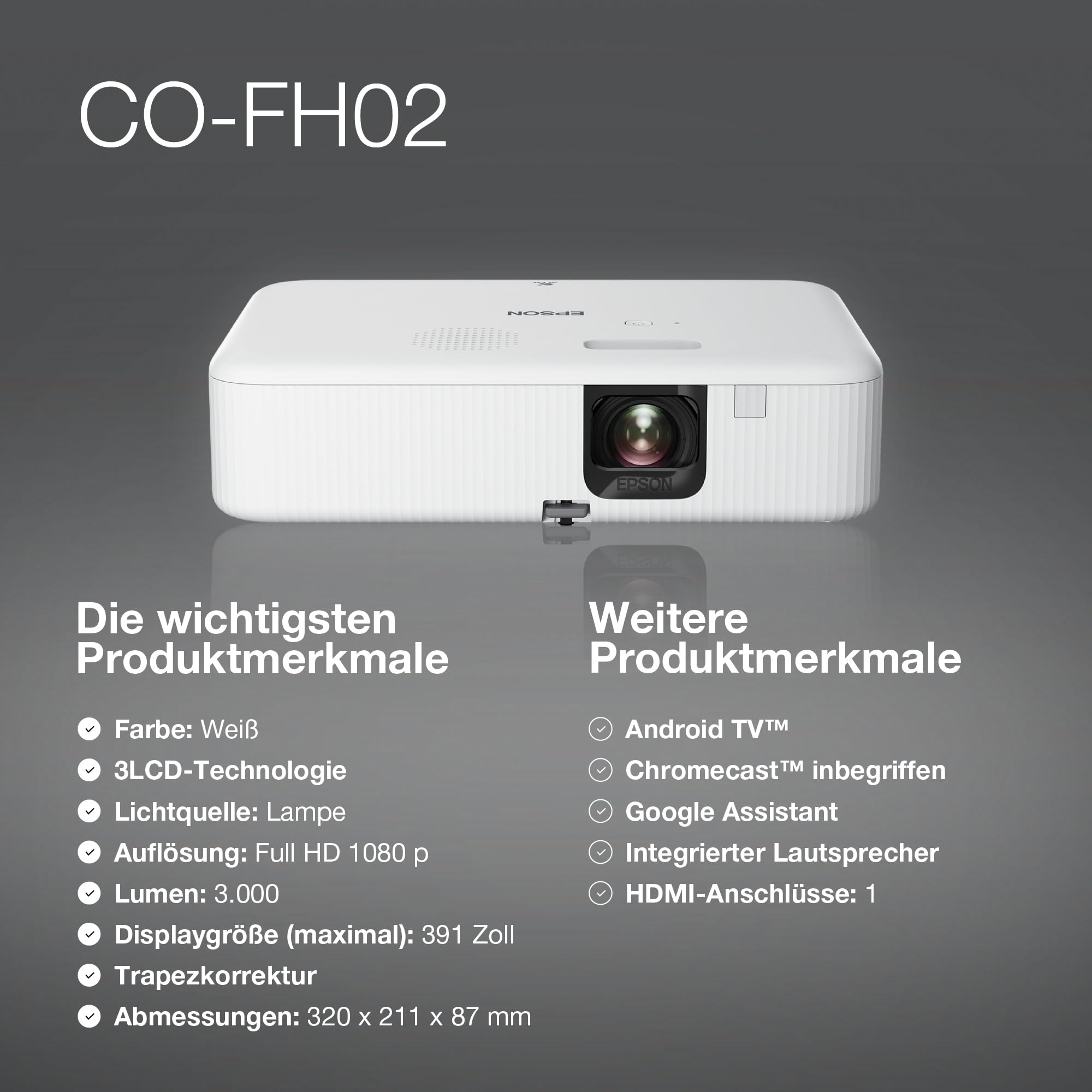 Epson CO-FH02 | Full-HD-1080p-Smart-TV-Projektor | Android TV | 3LCD | 3.000 ANSI-Lumen | 391"-Projektionsfläche | Einfache Einrichtung | Trapezkorrektur | HDMI | Für Zuhause und Büro | Weiß