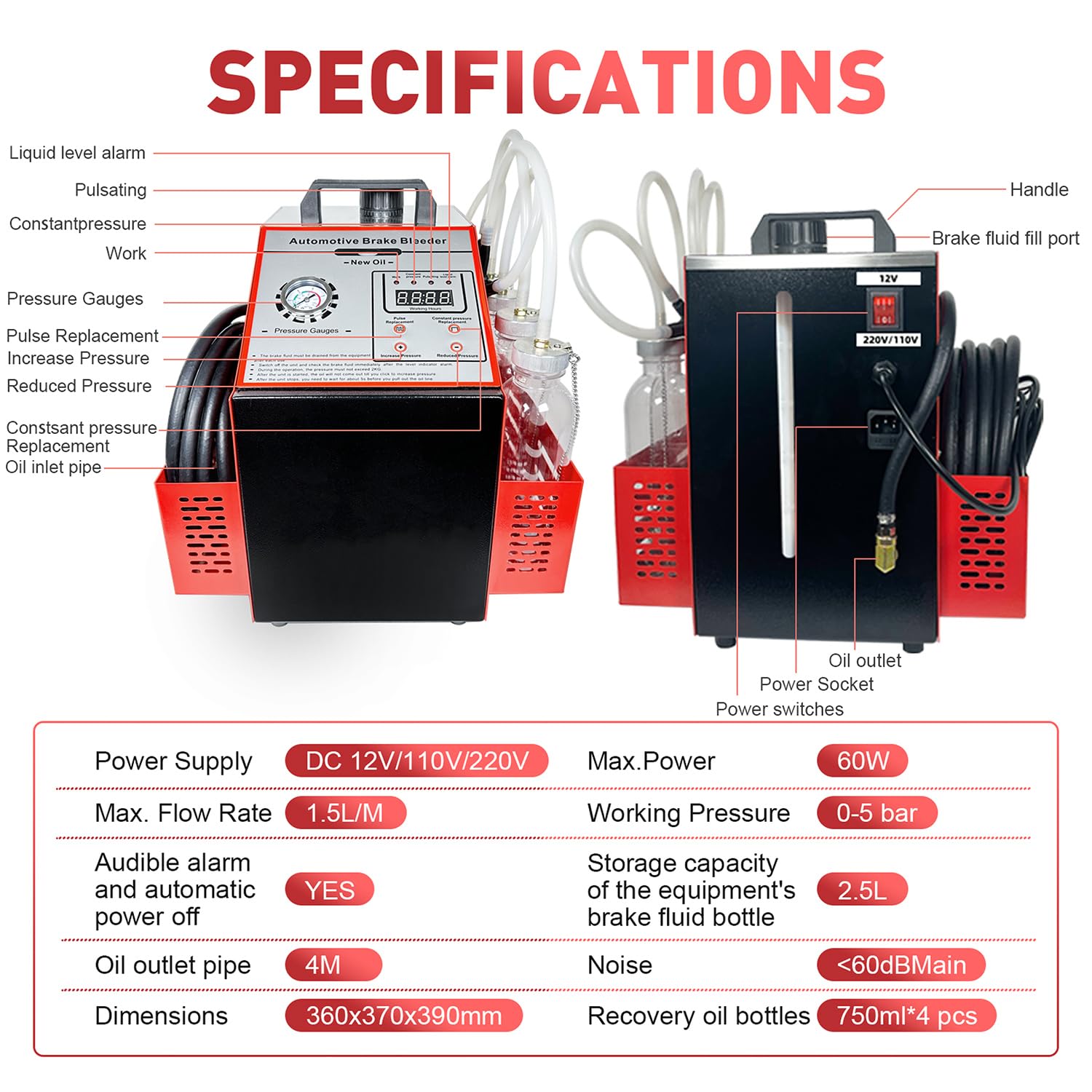 12V220V110V purgeur de Frein Voiture, Remplacement de la Pulsation et de la Pression constante, pour Le Remplacement simultané de 4 Roues avec Adaptateur Automobile 16 pièces