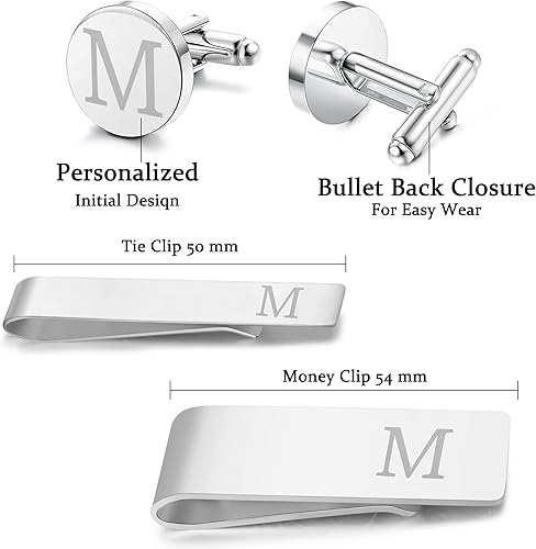 Miniatura 6 de LOYALLOOK 4Pcs Stainless Steel Engraved Initial Cufflinks and Tie Bar Money Clip Set Personalized Button Shirt Initials Tie Clip Alphabet Letter A-Z