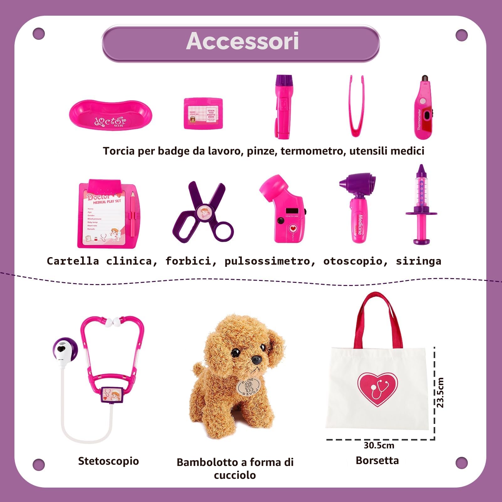HERSITY Veterinario Bambini con Cane Peluche, Giocattoli Valigetta Dottore Veterinario Accessori, Giochi Bambina Gioco di Ruolo Regalo 3 4 5 Anni
