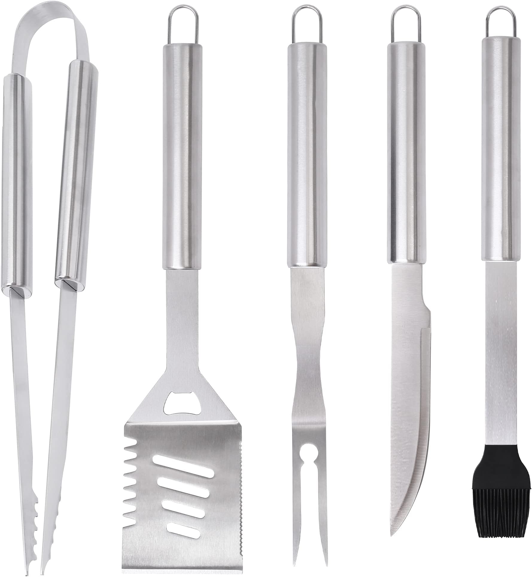 Griddle Accessories Set, 5PCS Grill Kit for Heavy Duty BBQ Accessories Camping Tools with Kitchen Spatula, Tongs, Carving Fork, Knife, Basting Brush, Grilling Cooking Gifts for Men Dad