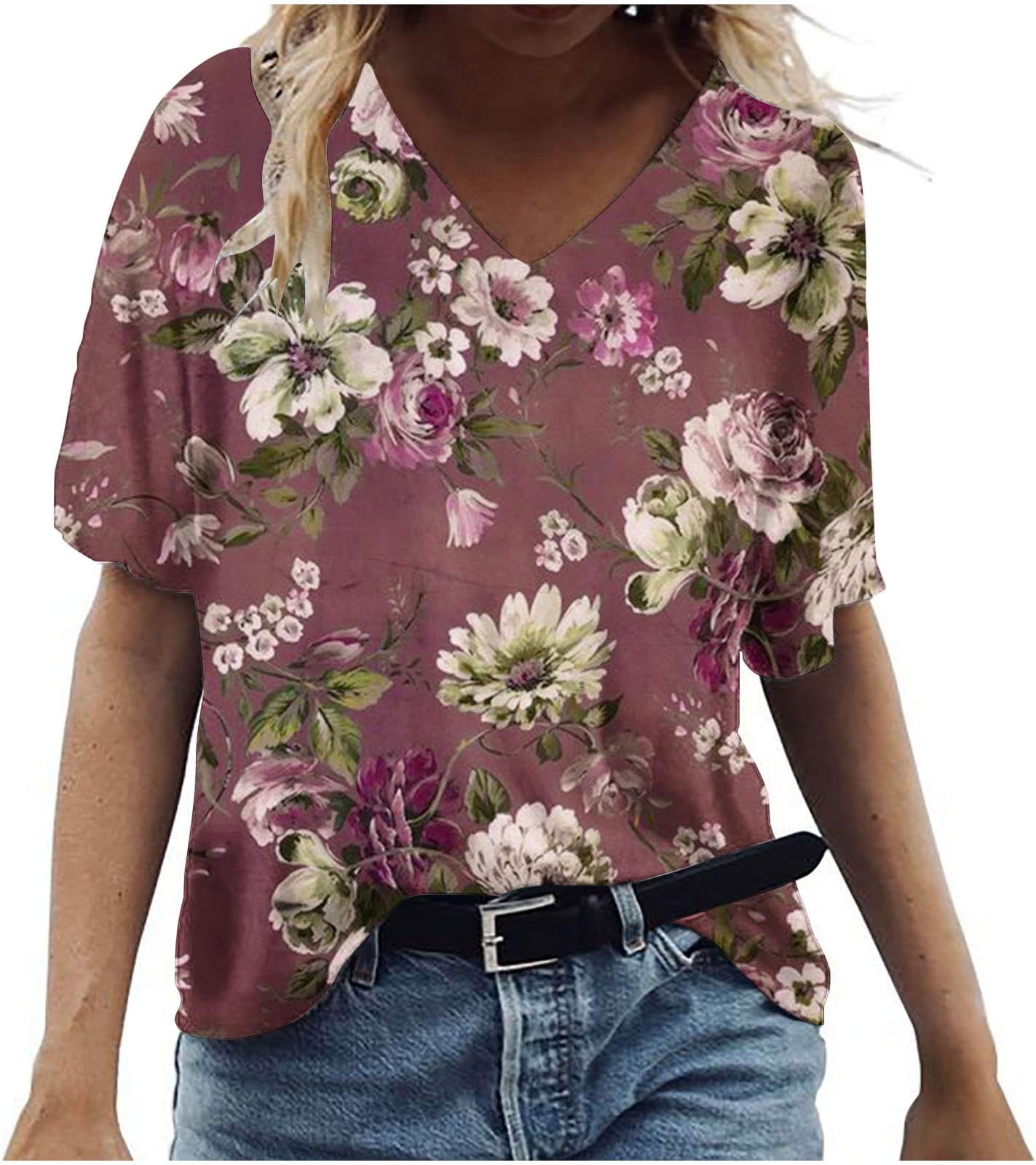 SMIDOWWomen V-Neck Short Sleeve Tops Multicolor Shirts Tees Shirt Graphic Funny T Shirt Tshirt Summer Spirng Top Regular Fit