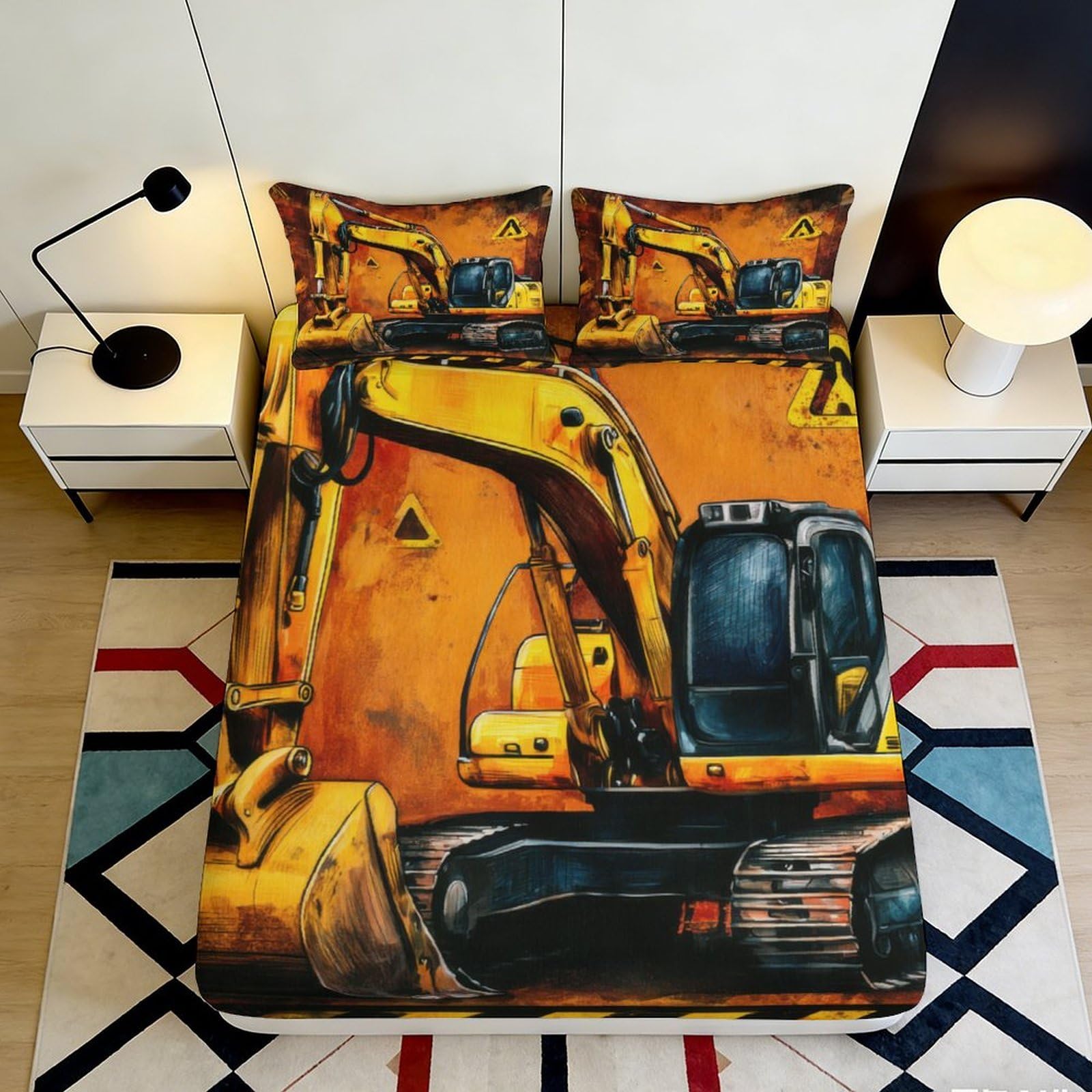 3D Printed Construction Vehicle Fitted Sheet Microfiber Deep Pocket Elastic Hem Adult Bedroom Bedding Digger Mattress Fitted Cover Washable Non-Slip 200x200x25cm