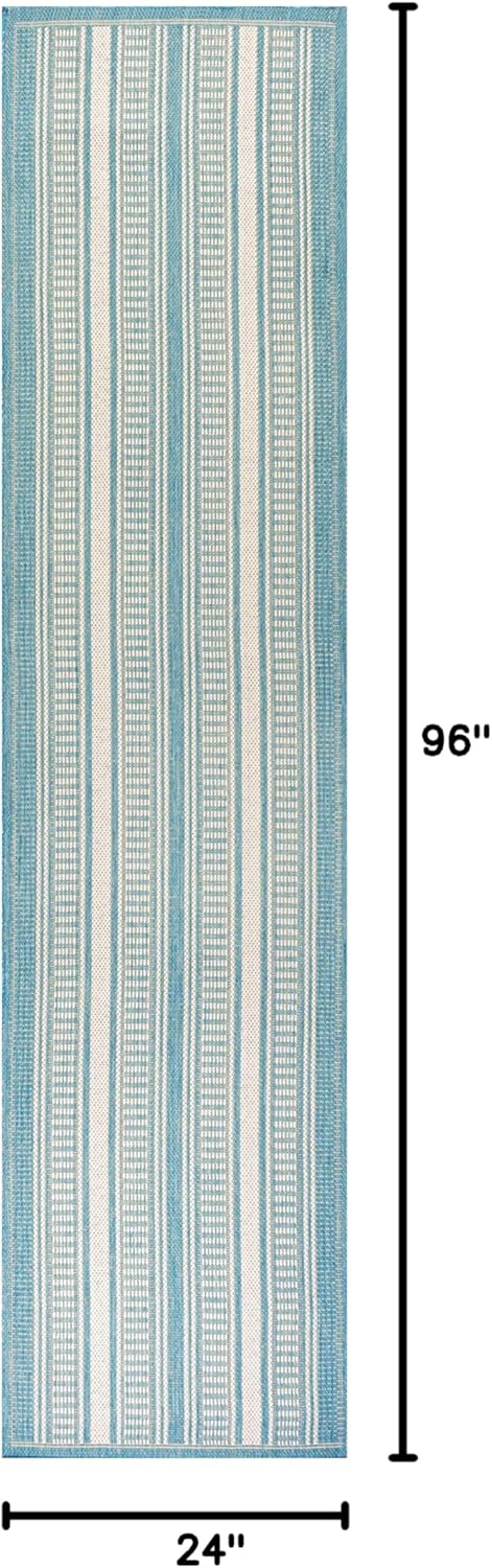 Eyely BMS202A-28 Santa Monica Haynes Modern Double Stripe Indoor/Outdoor Runner Rug Rustic;Transitional, Bedroom, Kitchen, Backyard, Patio, Easy-Cleaning, Non-Shedding, 2 X 8, Aqua/Beige