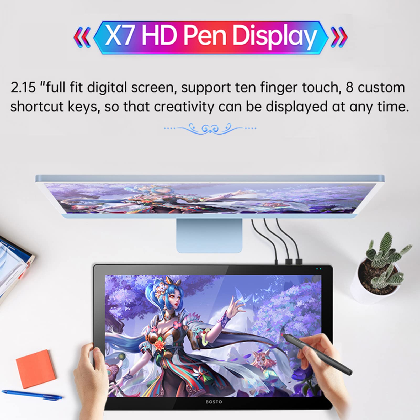 Jemora X7 Tableta de Dibujo H-IPS Pantalla LCD 21.5in Tableta gráfica de Dibujo con función de inclinación 120% sRGB Bloc de Dibujo de Arte Digital 8192 Presión 8 Teclas de Acceso Directo