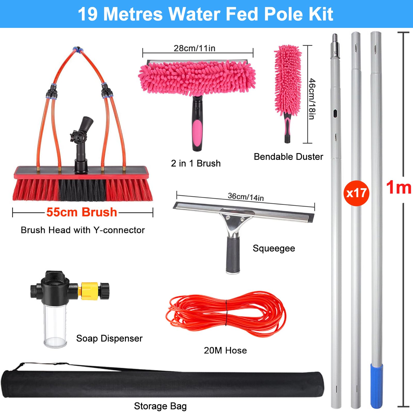 Equipo de Limpieza de Ventanas, Cepillo y escobilla de Goma for Limpieza de Paneles solares de 3 a 20 Metros, 2 cepillos for Polvo, Varillas Ligeras y Extensibles.(55cm Brush,19m)