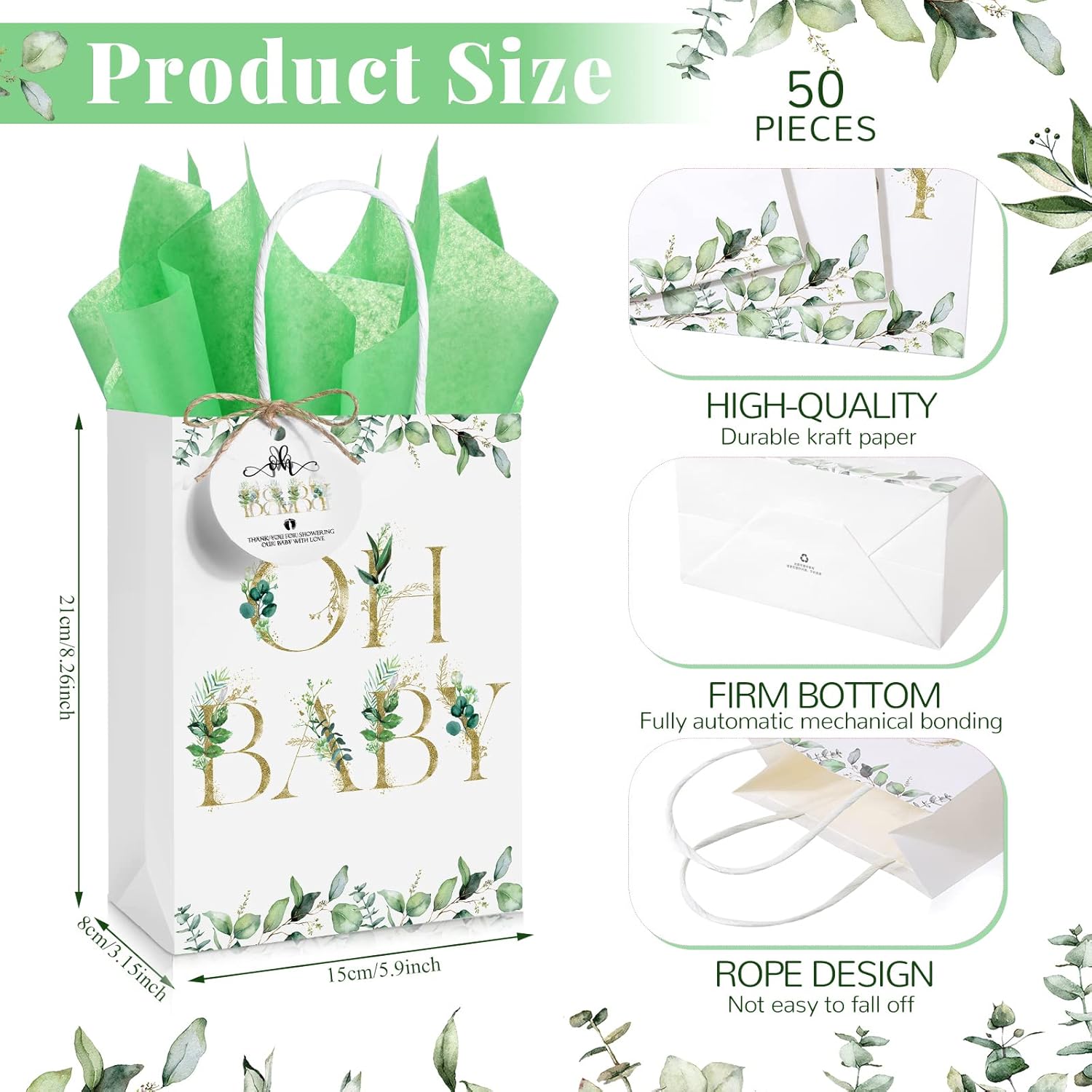 PerKoop 50 Sets Greenery Baby Shower Favor Bags Bundle with 50 Green Tissue Paper 50 Tags 1 Rope Baby Shower Thank You Gift Bags with Handles for Guests Gender Reveal Treat Goodies Party Favor