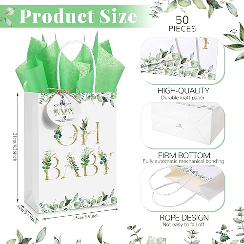 Miniatura 2 de PerKoop Paquete de 50 bolsas de regalo de bienvenida de baby shower con 50 papel de seda verde, 50 etiquetas, 1 cuerda para baby shower, bolsas de