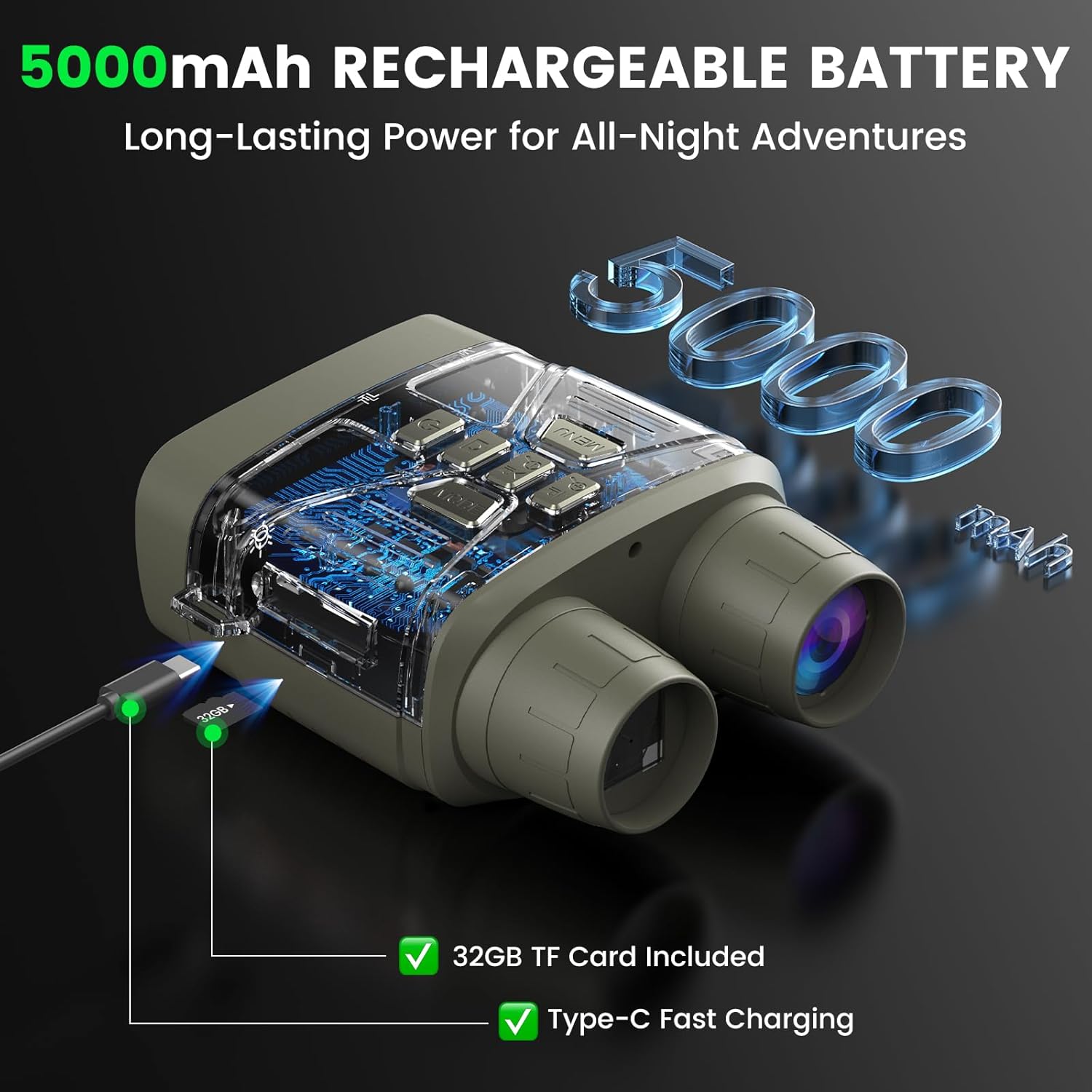 4K Night Vision Goggles for Adults, Night Vision Binoculars with 5000mAh Rechargeable Battery and 32GB Card, 3" HD Screen for Wildlife Observation, Hunting and Security - Image 7