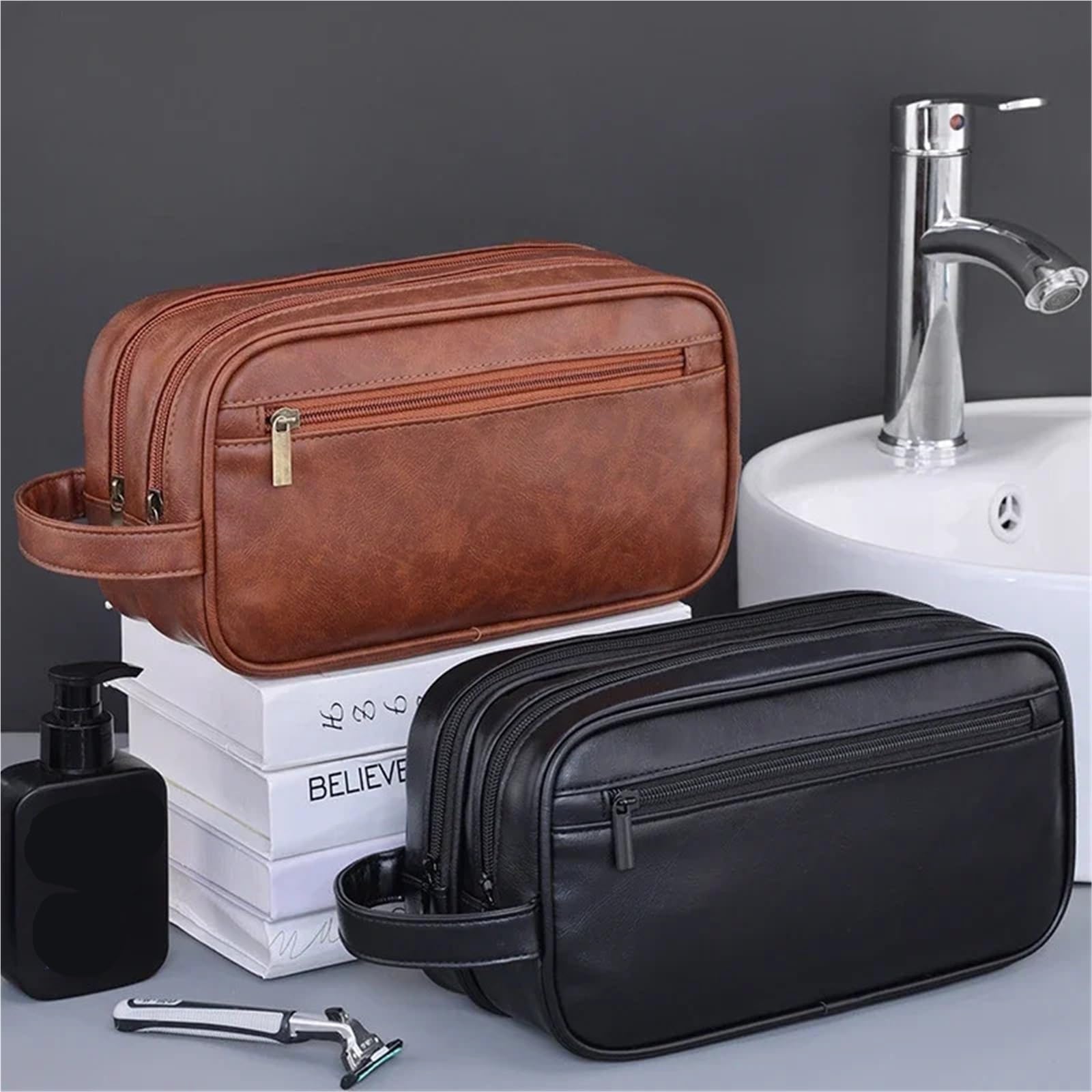 Neceser Bolsa de Aseo for Hombre, Organizador de Lavado de Viaje de Cuero PU, Bolsa de Afeitar Resistente al Agua for Accesorios de artículos de tocador(Brown)