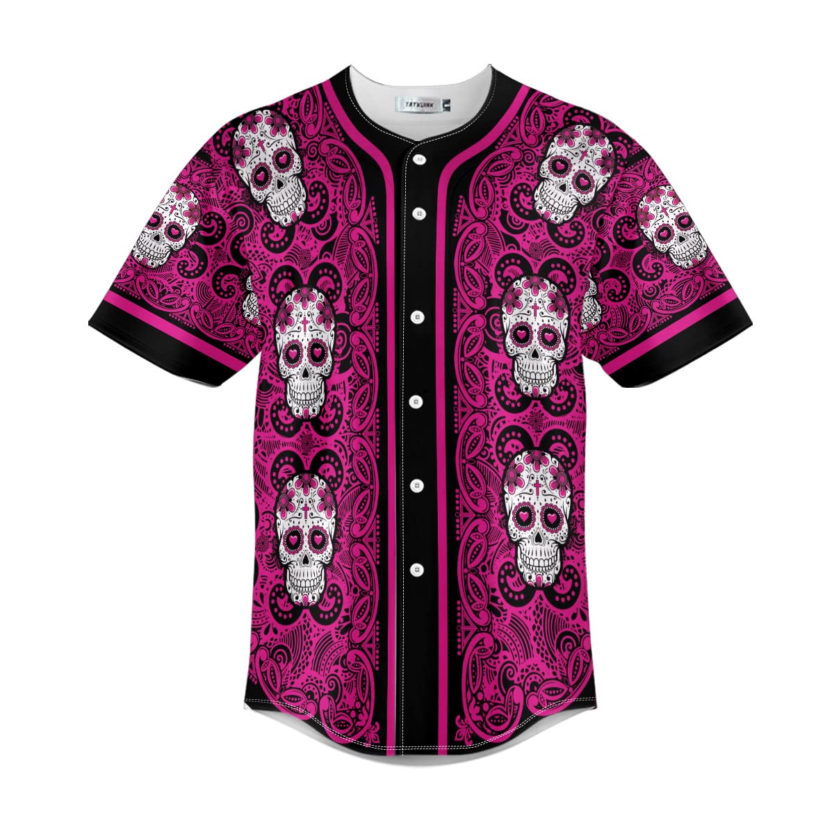 Mens Womens 3D Baseball Jersey Shirt - Skull Pattern Of Sugar Skull Pink Baseball Jersey Casual Button Down Shirts Short Sleeve Clothing for Men Women