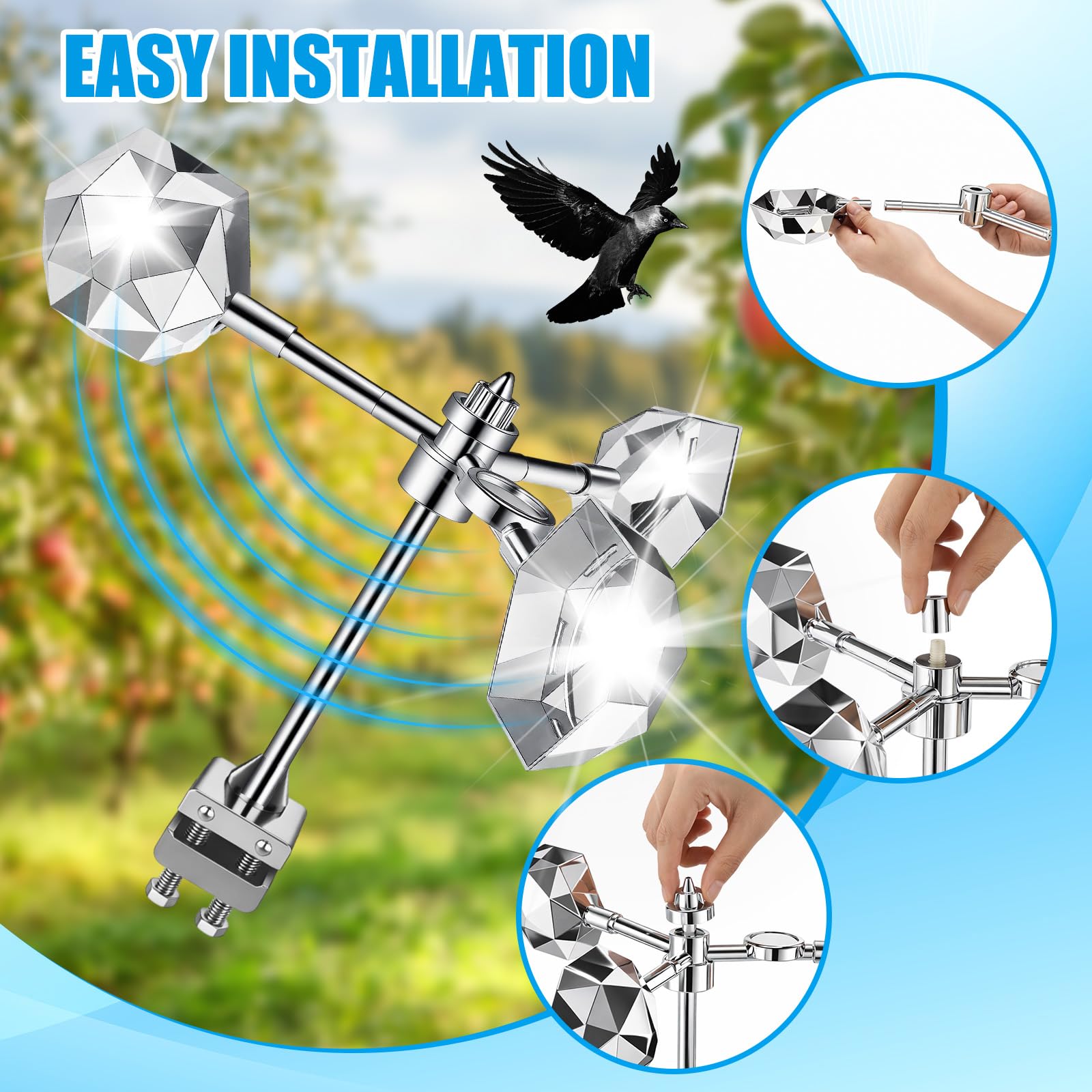 Paquete de 4 repelentes de pájaros reflectantes aislados para exteriores, dispositivo reflectante giratorio que evita colisiones de gorriones palomas, adecuado para jardines, tejados, granjas y