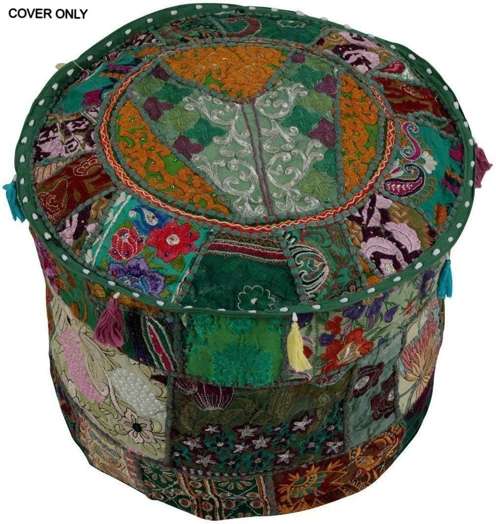 GANESHAM Indian Hippie Vintage Cotton Floor Pillow & Cushion Patchwork Bean Bag Chair Cover Boho Bohemian Hand Embroidered Handmade Pouf Ottoman (Dark Green, 13" H x 22" Diam.(inch))