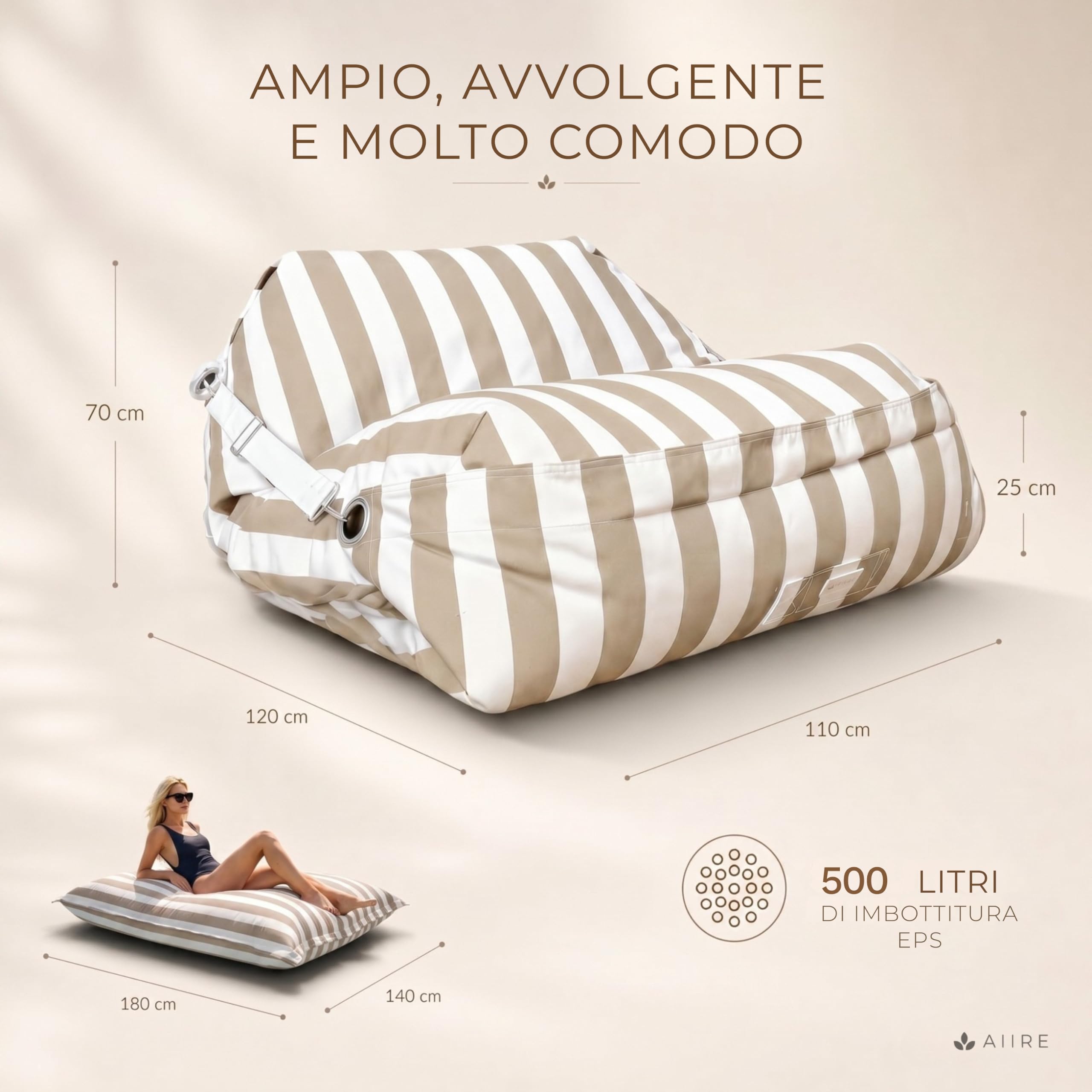 Aiire Pouf Esterno Design in Olefina - [180x140] Puffo per Sedersi Moderno con Imbottitura - Puff Poltrona a Sacco per Piscina, Giardino o Terrazza - Bean Bag o Cuscini da Pavimento XXL Beige | Puff In Olefina Da Design, Per Piscina, Giardino O Terrazza,