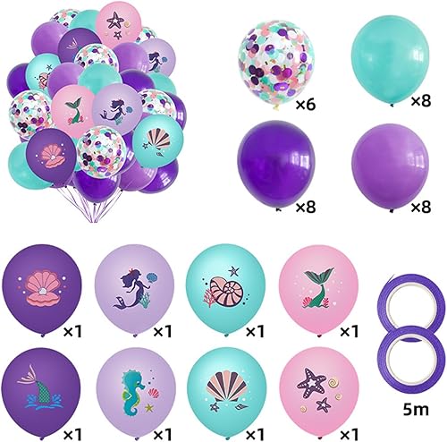 Miniatura 2 de Kit de 38 guirnaldas de globos de sirena, globos de cola de sirena con purpurina, globos de cola de sirena rosa y morado, globo de conchas de mar
