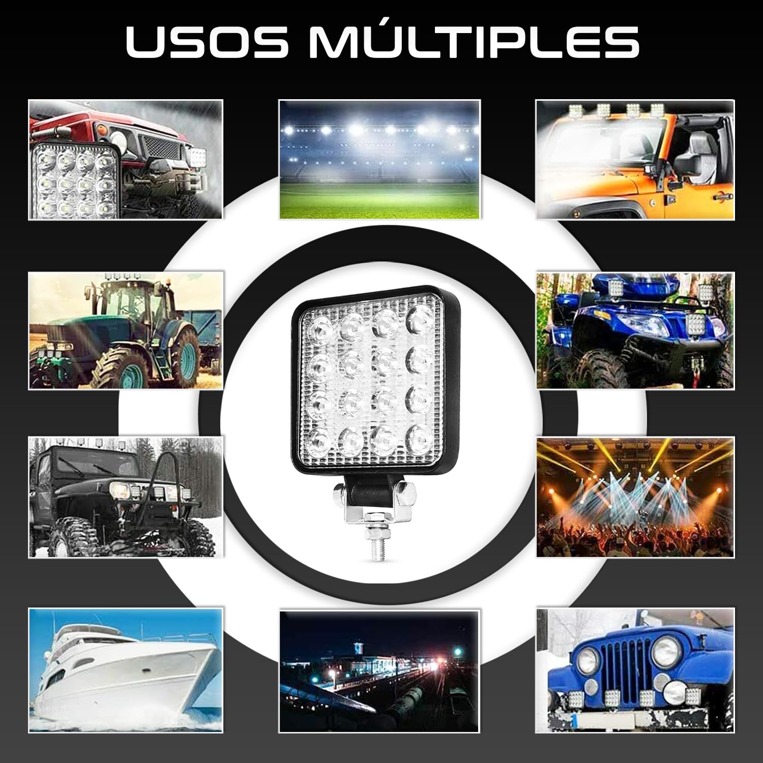 Foco led 12v 2 uds aluminio abs 48W 16 led 6500K 10.5 cms 4.21" faros 4x4 largo alcance