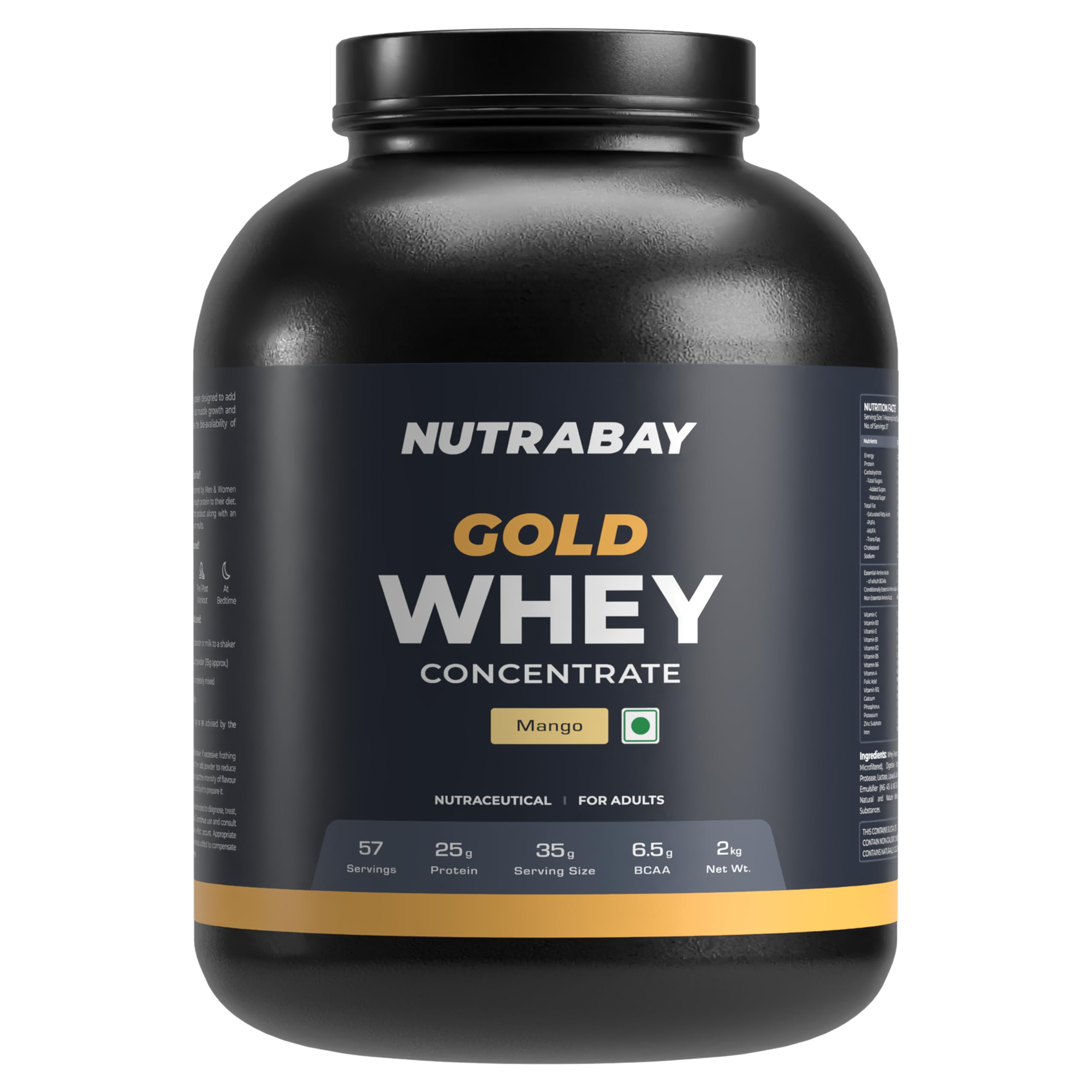 Nutrabay Gold Whey Protein Concentrate with Digestive Enzymes & Vitamin Minerals 25g Protein β Muscle Support & Recovery β 2kg, Mango | Trustified Certified Authentic