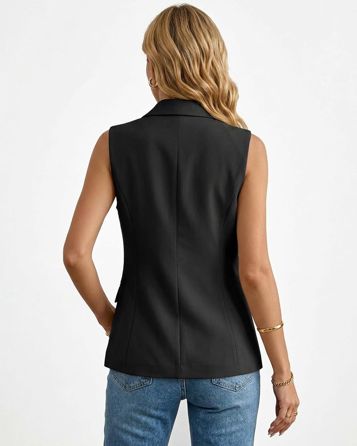 Women's Sleeveless Blazer Vest Fully Lined Lightweight Trendy Jacket Notched Lapel Office Waistcoat with Pockets