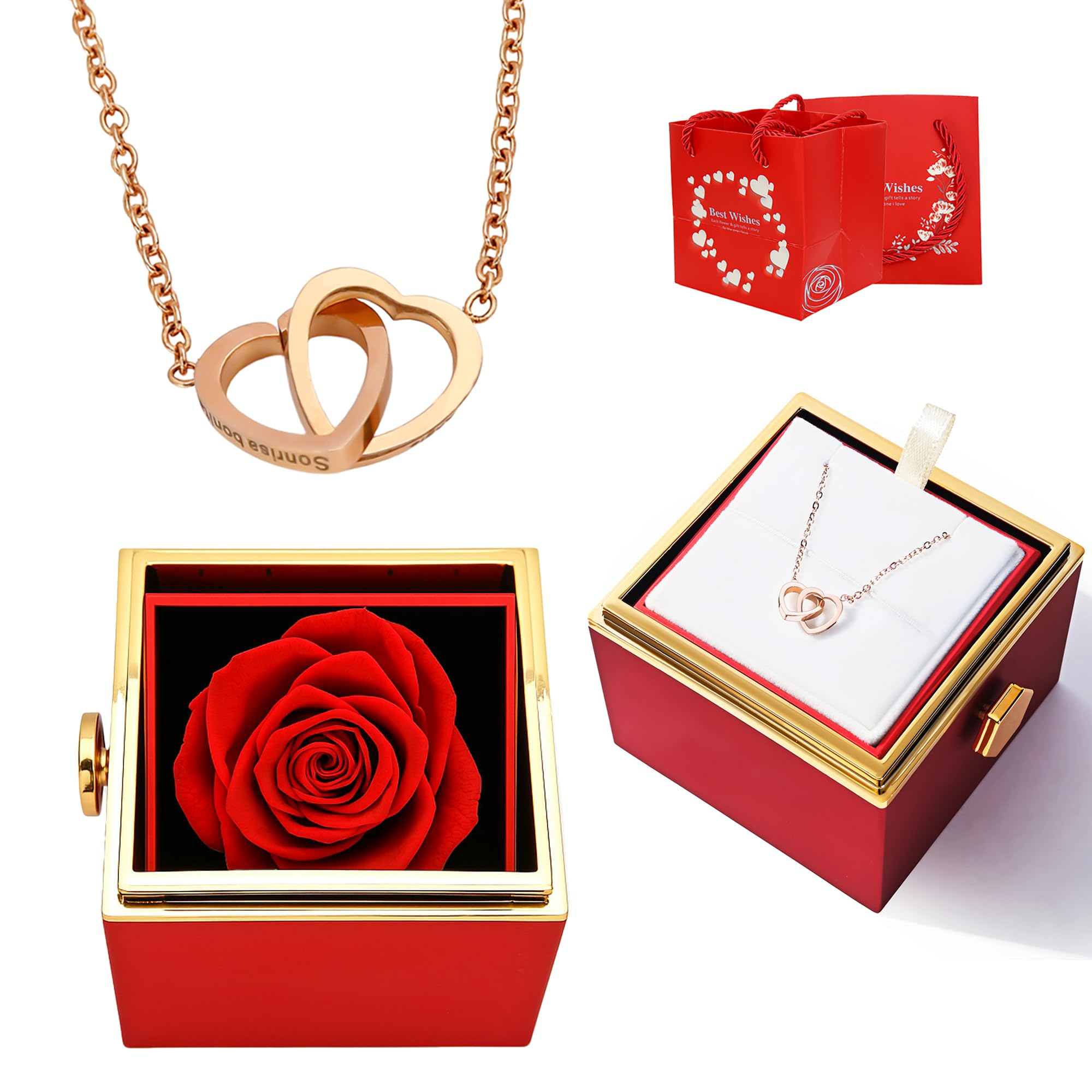 Tingku Women's Red Rose Box Eternal Real Rose Gift Box For Preserved Rose With Customized Engraved Name Heart Necklace, Personalized Forever Flowers For Her Wife Mom Girlfriend, Valentines Day Love Keepsake-Red