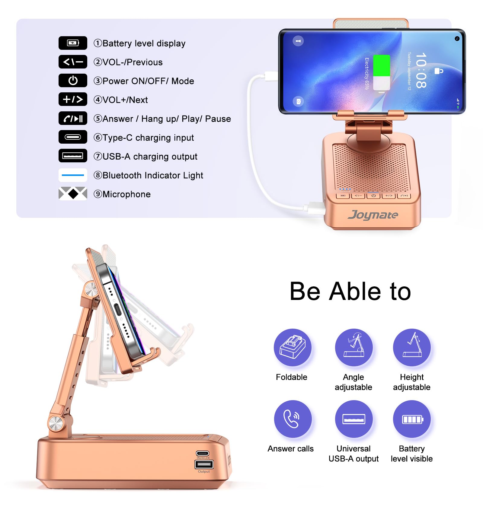 Supporto per telefono cellulare con funzione di ricarica, girevole a 360°, regolabile, con suono surround HD, per scrivania, adatto a tutti i telefoni e tablet (oro rosa)